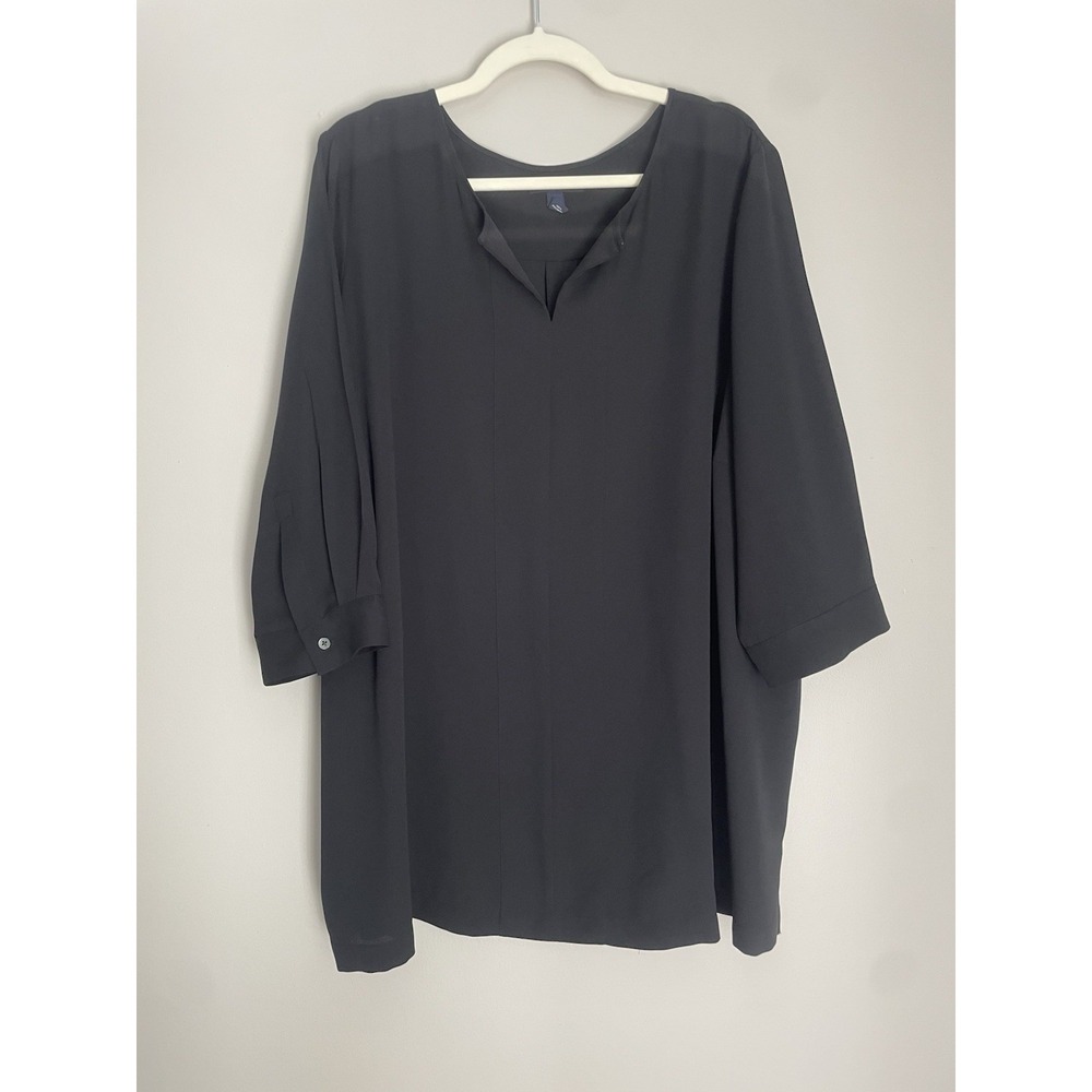 Lands End Women 3X Black Blouse Split V Neck 3/4 Pullover Classic Minimal Poly